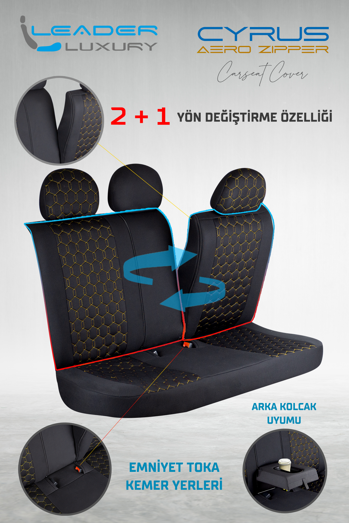 CYRUS ÖN KOLTUK ARKASI DERİ OTO KOLTUK KILIFI. FERMUARLI  SİYAH ; NAKIŞ GOLD LEADER