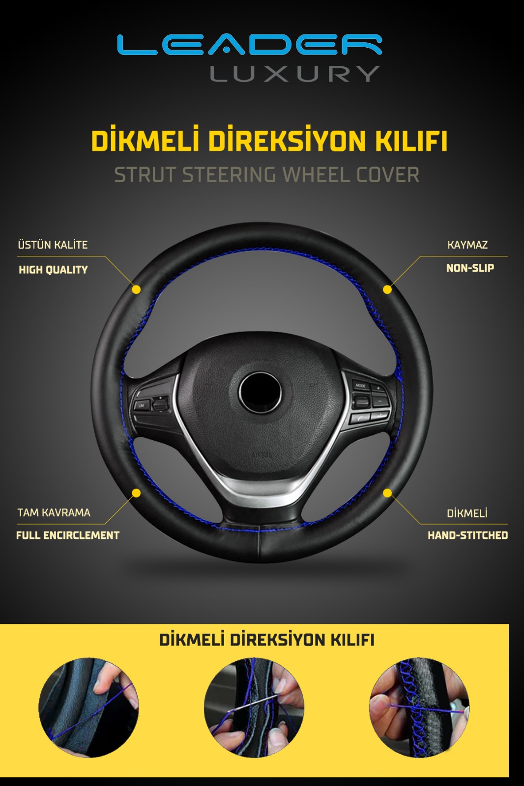 10,5cm DREKSİYON KILIFI DİKMELİ SİYAH DERİ. İP MAVİ