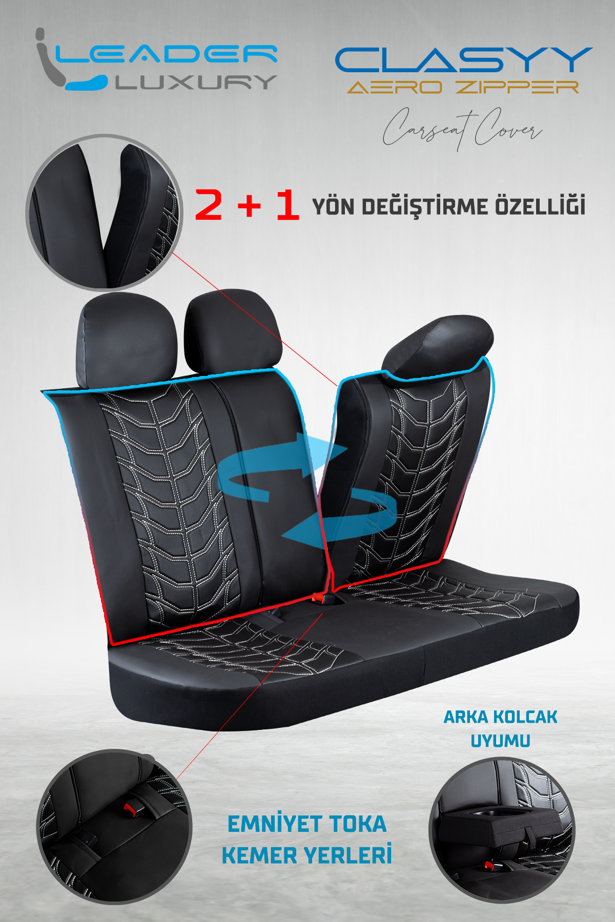 CLASYY KOMPLE DERİ OTO KOLTUK KILIFI SİYAH. NAKIŞ BEYAZ