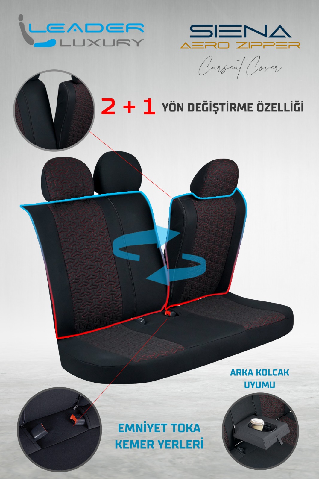 SİENA OTO KILIFI FERMUARLI SİYAH NAKIŞ KIRMIZI
